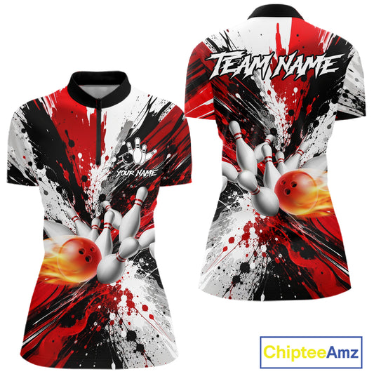 Red splatter bowling ball and pins bowling quarter zip shirt for women designed for league tournaments.