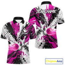 Load image into Gallery viewer, Pink splatter bowling ball and pins bowling polo shirt for men with custom league team graphics.