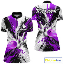Load image into Gallery viewer, Purple splatter bowling ball and pins bowling quarter zip shirt for women designed for tournaments and league play.