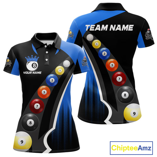 Personalized Black Blue Billiard Shirt For Women Custom Funny Pool Balls Team Jersey Polo & 1/4 Zip TDM4497