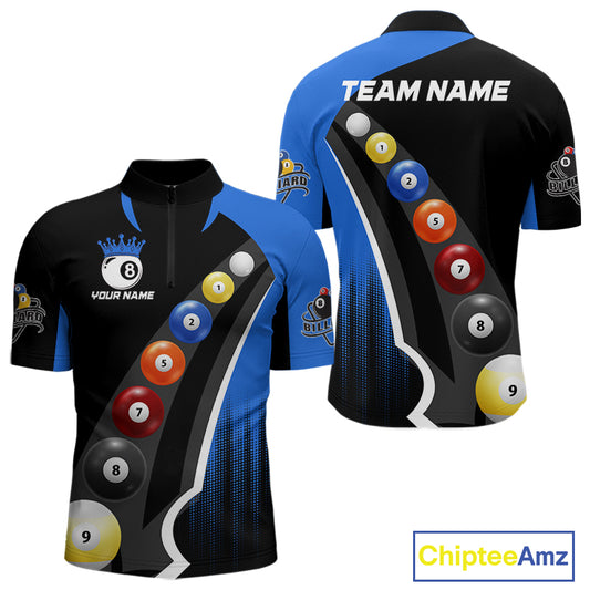 Personalized Black Blue Billiard Shirt For Men Custom Funny Pool Balls Team Jersey Polo & 1/4 Zip TDM4497