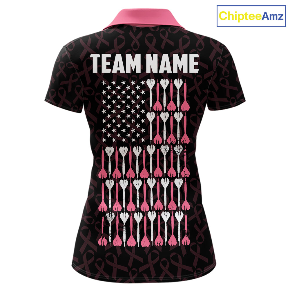 Custom Pink Ribbons Patriotic American Flag Darts Polo Shirt for Women Designed for Personalized Darts Team Jerseys with Premium Athletic Performance and Meaningful Breast Cancer Awareness Graphics