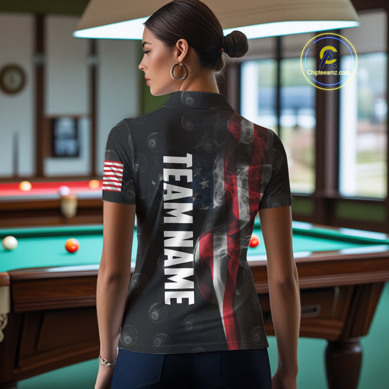 Personalized Vintage Smoke US Flag Billiard Shirts For Women, 8 Ball Pool Patriotic Billiard Jerseys TDM4731