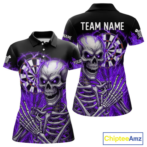 Purple Flaming Lightning Skeleton Darts Shirt For Women Custom Skull Dart Jersey Team Polo & 1/4 Zip TDM4739