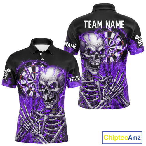 Purple Flaming Lightning Skeleton Darts Shirt For Men Custom Skull Dart Jersey Team Polo & 1/4 Zip TDM4739