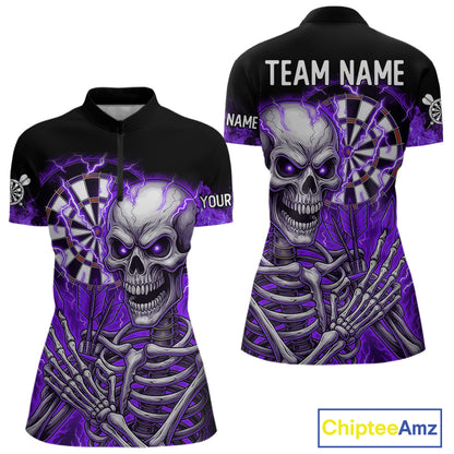 Purple Flaming Lightning Skeleton Darts Shirt For Women Custom Skull Dart Jersey Team Polo & 1/4 Zip TDM4739
