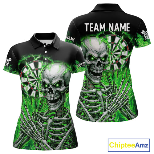 Green Flaming Lightning Skeleton Darts Shirt For Women Custom Skull Dart Jersey Team Polo & 1/4 Zip TDM4740