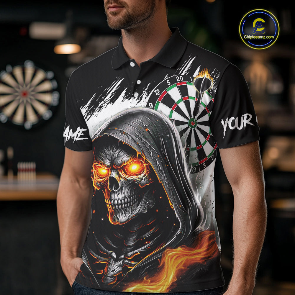 Personalized Grim Reaper Fire Dart Shirts For Men Custom Skull Dart Jersey Polo & 1/4 Zip |White TDM5369