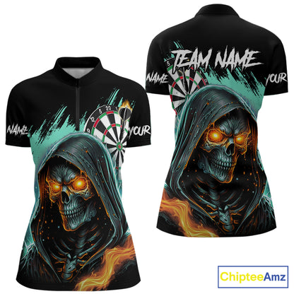 Personalized Grim Reaper Fire Dart Shirts For Women Custom Skull Dart Jersey Polo & 1/4 Zip |Turquoise TDM5370