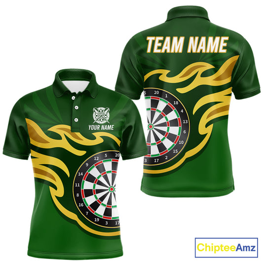 Personalized Green Dartboard Flame Gold Darts Shirt For Men, Darts Jersey Team Polo & 1/4 Zip TDM5872