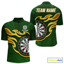 Load image into Gallery viewer, Personalized Green Dartboard Flame Gold Darts Shirt For Men, Darts Jersey Team Polo &amp; 1/4 Zip TDM5872