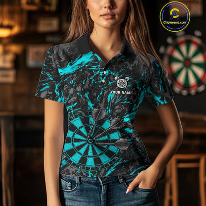 Custom Black And Blue Grunge Camo Dart Shirts For Women, Camouflage Dart Team Jersey Polo & 1/4 Zip TDM3960