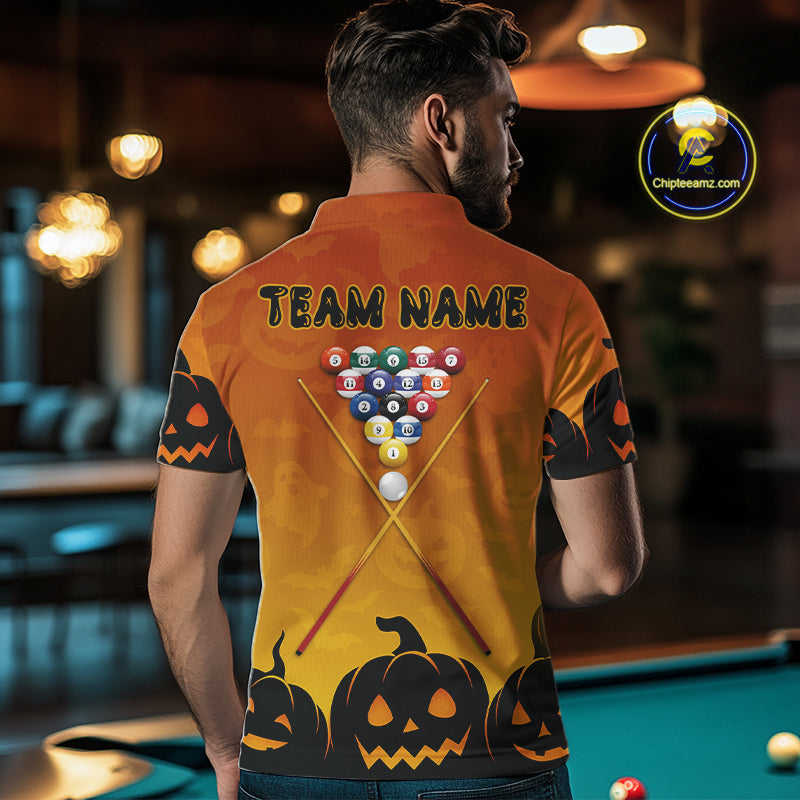 Personalized Orange Black Funny Pumpkin Billiard Shirt For Men Custom Halloween Pool Team Jersey TDM4510