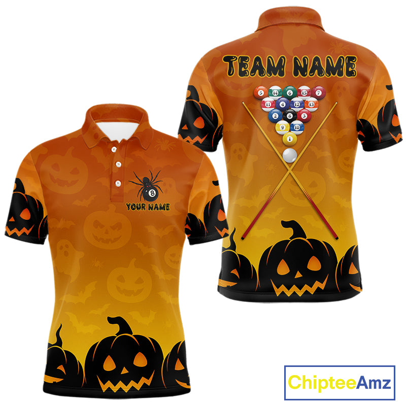 Personalized Orange Black Funny Pumpkin Billiard Shirt For Men Custom Halloween Pool Team Jersey TDM4510