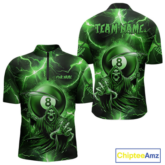 Green Grim Reaper 8 Ball Billiard Shirt For Men Custom Funny Thunder Lightning Pool Team Jersey TDM4936