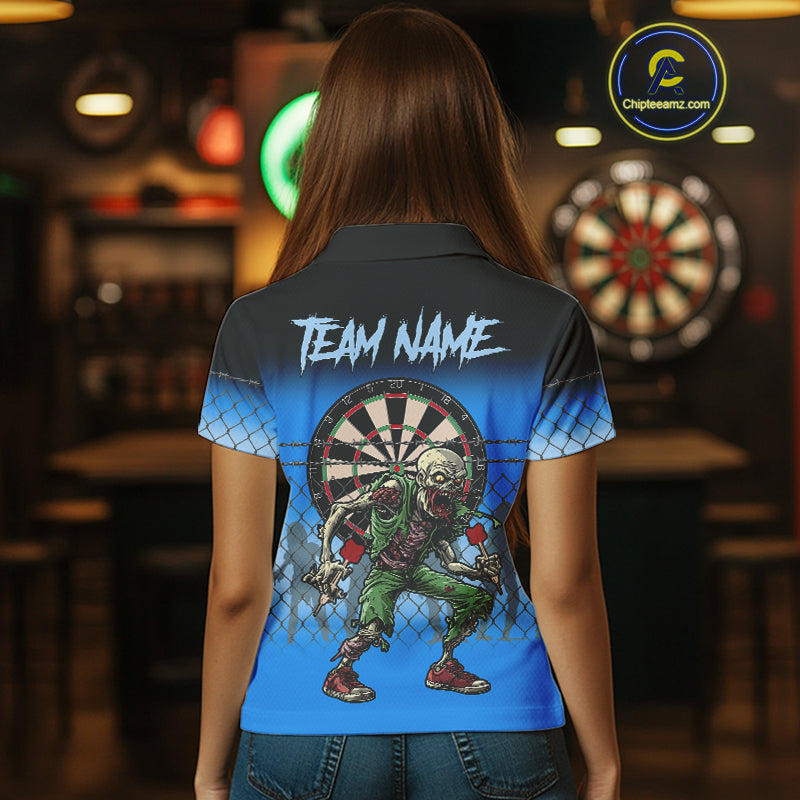 Blue Funny Zombie Dart Shirt With Pocket Option For Women Custom Darts Jersey TDM4937