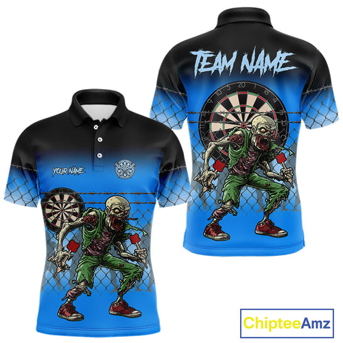 Blue Funny Zombie Dart Shirt With Pocket Option For Men Custom Darts Jersey TDM4937
