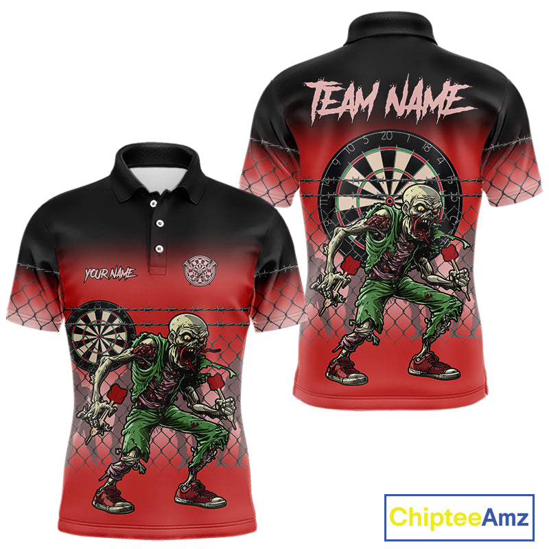 Red Funny Zombie Darts Shirt With Pocket Option For Men Custom Darts Jersey TDM4939