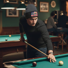Load image into Gallery viewer, Funny Skull 8&amp;9 Ball Billiard Knit Beanie Hat Rectangle Patch Custom US Flag Pool Player Knit Hat TDM4942