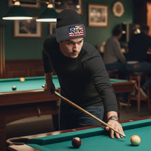 Load image into Gallery viewer, Funny Skull 8&amp;9 Ball Billiard Knit Beanie Hat Rectangle Patch Custom US Flag Pool Player Knit Hat TDM4942