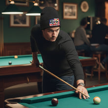 Load image into Gallery viewer, Funny Skull 8&amp;9 Ball Billiard Knit Beanie Hat Rectangle Patch Custom US Flag Pool Player Knit Hat TDM4942