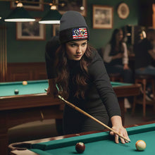 Load image into Gallery viewer, Funny Skull 8&amp;9 Ball Billiard Knit Beanie Hat Rectangle Patch Custom US Flag Pool Player Knit Hat TDM4942