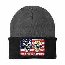 Load image into Gallery viewer, Funny Skull 8&amp;9 Ball Billiard Knit Beanie Hat Rectangle Patch Custom US Flag Pool Player Knit Hat TDM4942