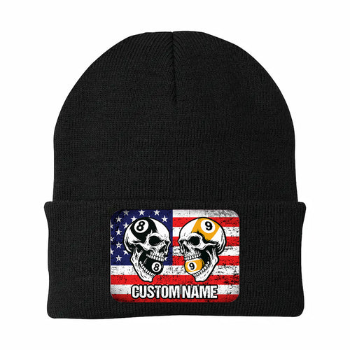 Funny Skull 8&9 Ball Billiard Knit Beanie Hat Rectangle Patch Custom US Flag Pool Player Knit Hat TDM4942