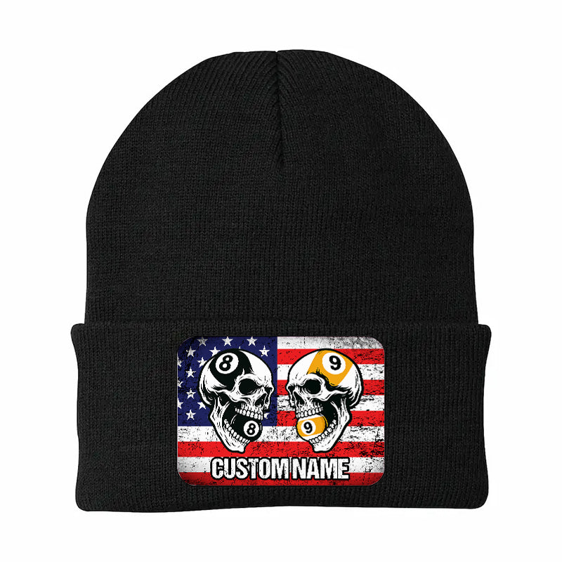 Funny Skull 8&9 Ball Billiard Knit Beanie Hat Rectangle Patch Custom US Flag Pool Player Knit Hat TDM4942
