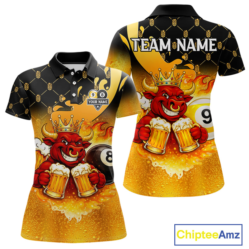 Funny Bull And Beer 8 Ball 9 Ball Billiard Shirt For Women Custom Billiard Team Jersey Polo, 1/4 Zip TDM5646