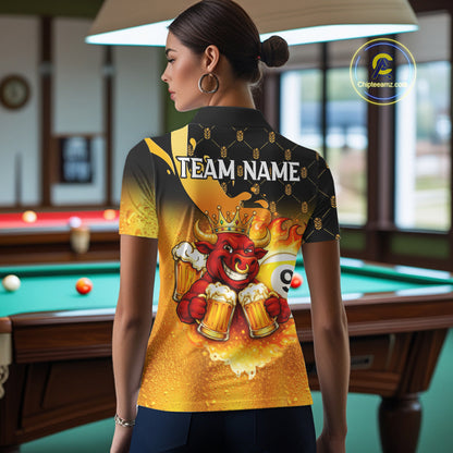 Funny Bull And Beer 8 Ball 9 Ball Billiard Shirt For Women Custom Billiard Team Jersey Polo, 1/4 Zip TDM5646