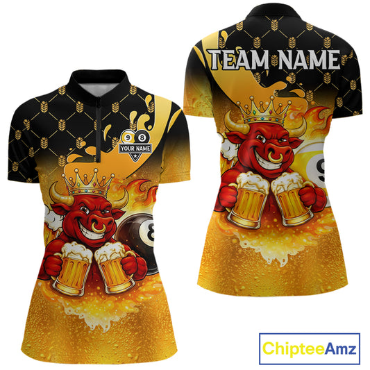 Funny Bull And Beer 8 Ball 9 Ball Billiard Shirt For Women Custom Billiard Team Jersey Polo, 1/4 Zip TDM5646