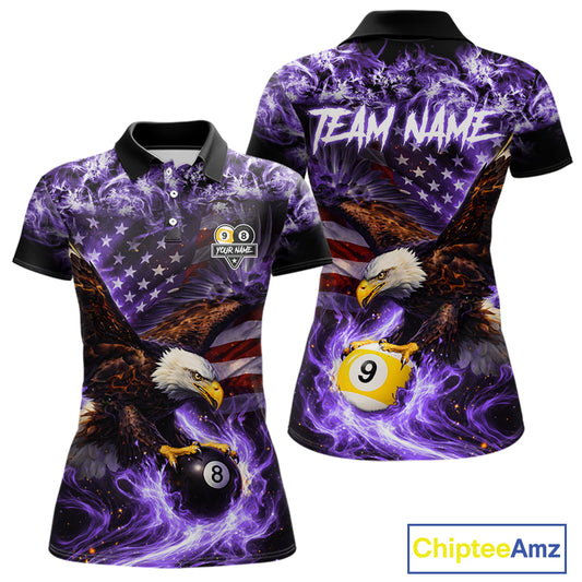Purple Flaming Eagle 8 & 9 Ball Billiard Shirt For Women Custom US Flag Pool Jersey Polo, 1/4 Zip TDM6249