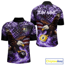 Load image into Gallery viewer, Purple Flaming Eagle 8 &amp; 9 Ball Billiard Shirt For Men Custom US Flag Pool Jersey Polo, 1/4 Zip TDM6249