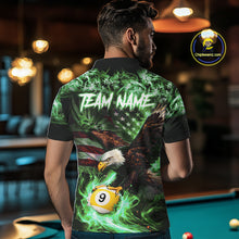 Load image into Gallery viewer, Green Flaming Eagle 8 &amp; 9 Ball Billiard Shirt For Men Custom US Flag Pool Jersey Polo, 1/4 Zip TDM6250