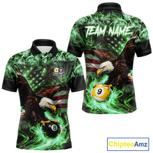 Load image into Gallery viewer, Green Flaming Eagle 8 &amp; 9 Ball Billiard Shirt For Men Custom US Flag Pool Jersey Polo, 1/4 Zip TDM6250