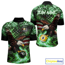 Load image into Gallery viewer, Green Flaming Eagle 8 &amp; 9 Ball Billiard Shirt For Men Custom US Flag Pool Jersey Polo, 1/4 Zip TDM6250