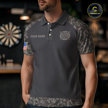 Personalized Retro Camo US Flag Darts Shirt For Men, Patriotic Darts Team Jersey Polo & 1/4 Zip TDM6260