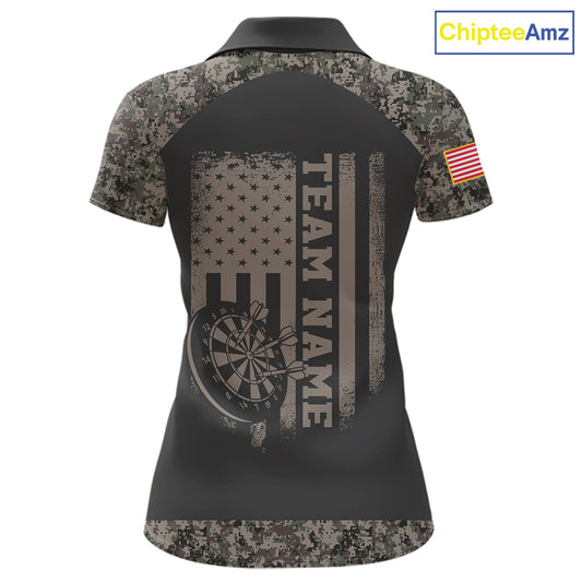 Personalized Retro Camo US Flag Darts Shirt For Women, Patriotic Darts Team Jersey Polo & 1/4 Zip TDM6260