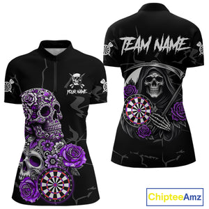 Personalized Funny Purple Skull Roses Darts Shirt For Women Custom Darts Team Jersey, Darts Outfit TDM4144