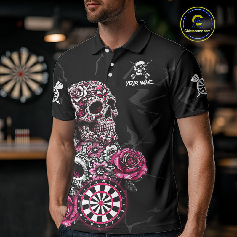 Personalized Pink Skull Roses Gothic Romance Darts Shirt For Men, Dart Jersey Outfit, Dart Gifts TDM4145