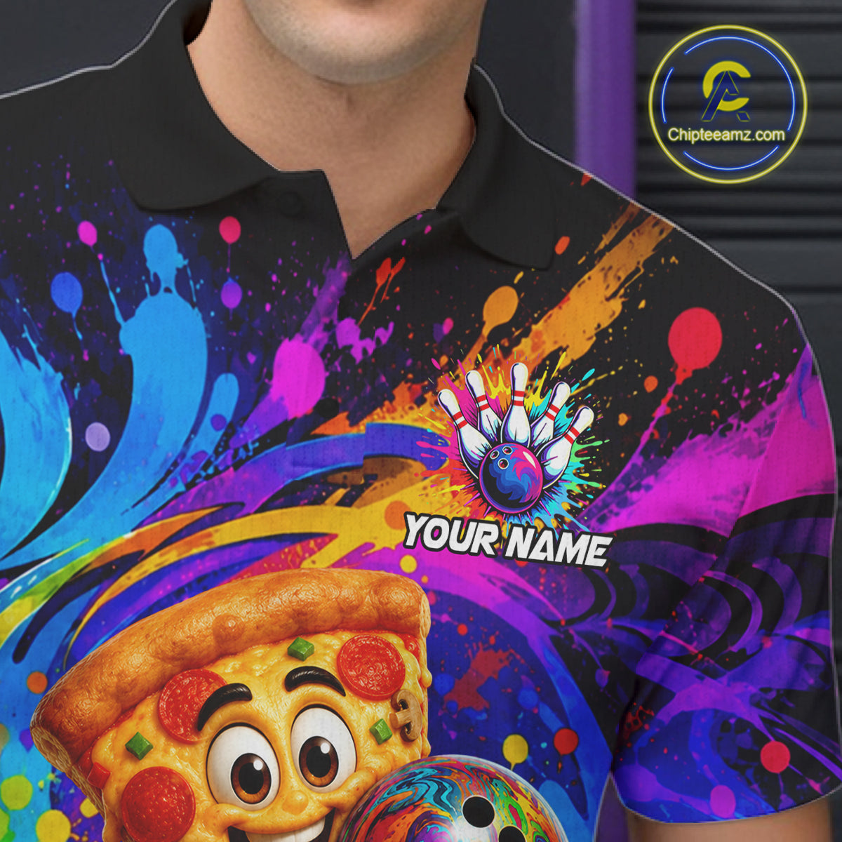 Close-up of funny pizza colorful bowling team jersey polo shirt featuring collar, buttons and funny pizza bowling artwork.