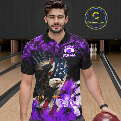 Man wearing purple flame American flag eagle bowling team jersey polo shirt featuring patriotic eagle and American flag artwork, front view.