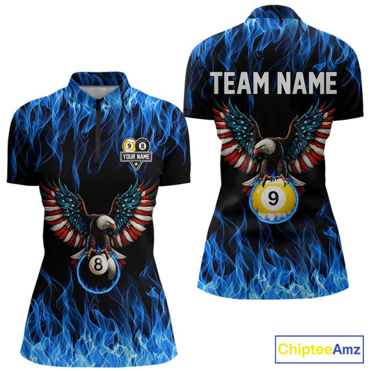 Blue Flaming American Flag Eagle 8 Ball & 9 Ball Billiard Shirt For Women Custom Pool Team Jersey TDM5652