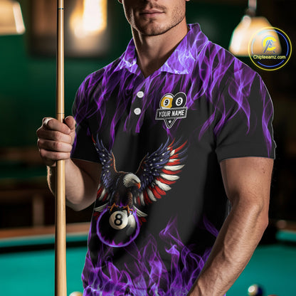Purple Flaming American Flag Eagle 8 Ball & 9 Ball Billiard Shirt For Men Custom Pool Team Jersey TDM5653