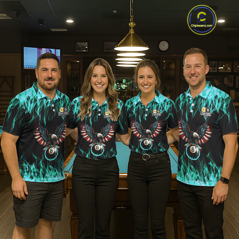 Turquoise Flaming American Flag Eagle 8 Ball 9 Ball Billiard Shirt For Men Custom Pool Team Jersey TDM5654