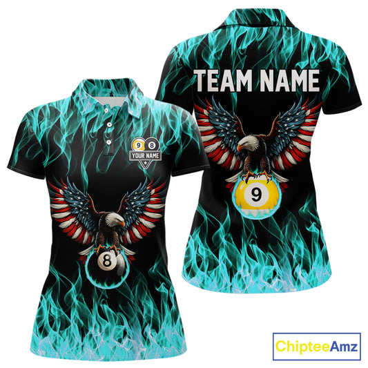 Turquoise Flaming American Flag Eagle 8 Ball 9 Ball Billiard Shirt For Women Custom Pool Team Jersey TDM5654