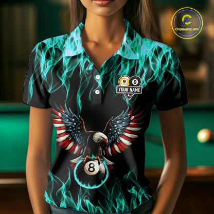 Turquoise Flaming American Flag Eagle 8 Ball 9 Ball Billiard Shirt For Women Custom Pool Team Jersey TDM5654