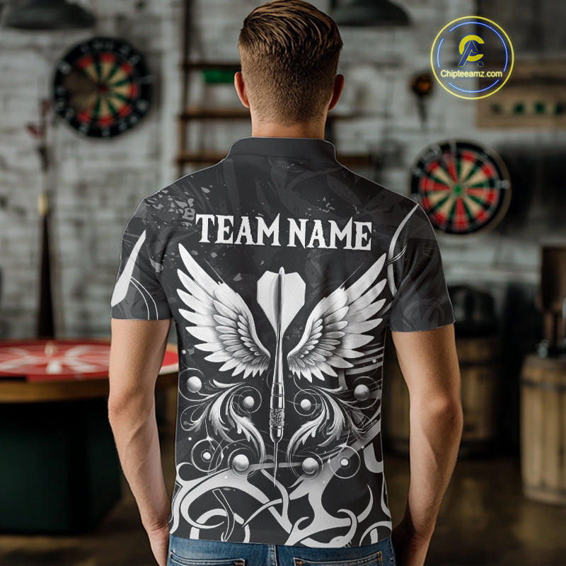 Grey And Black Custom Wings Darts Shirt For Men, Darts Jersey Pocket Option TDM3841