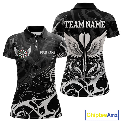 Grey And Black Custom Wings Darts Shirt For Women, Darts Jersey Pocket Option TDM3841